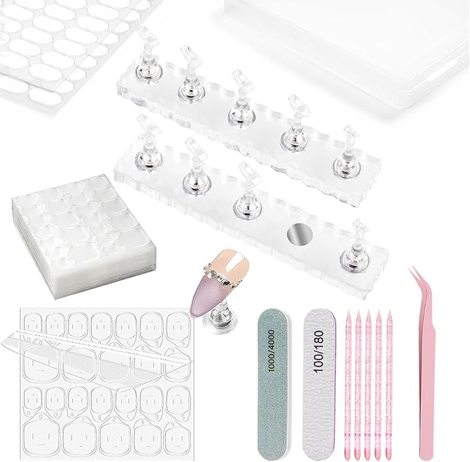 Nail Stand with 480 Pcs Nails Sticky Tabs for Press On Display Practice Magnetic Fake Nail Holder for Painting,20 Sheets Nail AdhesiveTabs,Double-Sided Tape,Press On Nail kit Salon Home