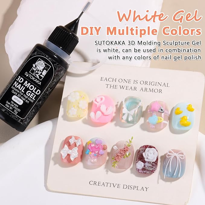 3D Gel Nail Art, 15g White Sculpting Gel 1-Minute Quick Molding No Wipe Gels Polish for Silicone Nail Molds, Carving 3D Charms Resin Craft U V LED Lamp Needed DIY Home Salon