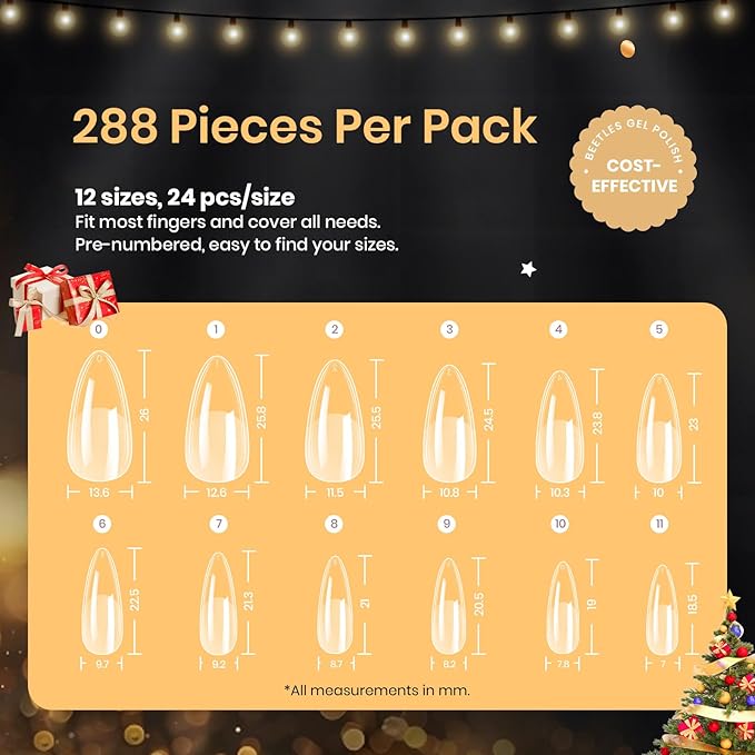 Beetles Gel Nail Tips Medium Almond Etch X, 12 Sizes 288 PCS Half Matte Full Cover Press on False Nail Tips Clear Acrylic Nails Extension Glue on Nails DIY Gift for Women