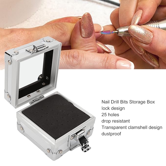 Nail Drill Bit Holder Case,25 Holes Transparent Nail Drill Bits Storage Box,Grinding Heads Storage Box with Lock,Professional Manicure Tools Display Case for Nail Bits(A)