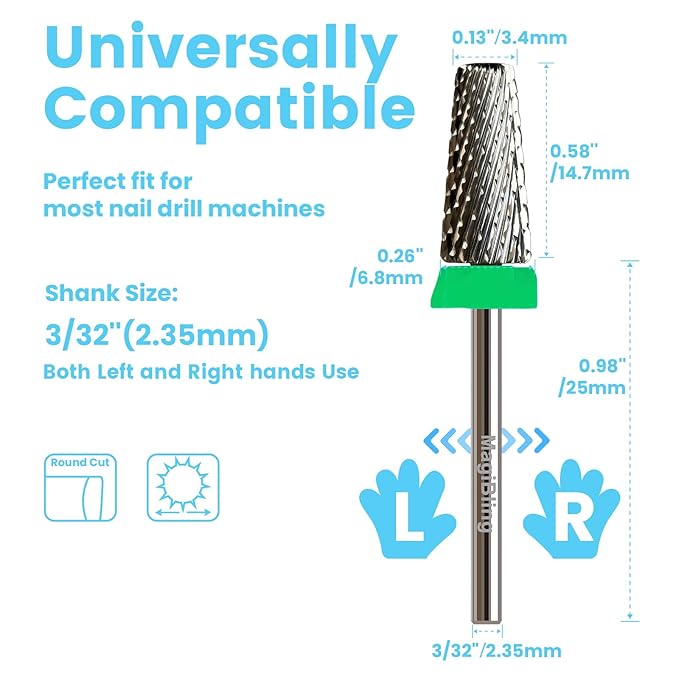 6.6mm Large Tapered Barrel 5-in-1 Nail Drill Bit, 3/32" Safety Cross-Cut Tungsten Carbide Efile Bit for Fast Gel & Acrylic Removal, Two-Way Rotation, Professional Nail Tech & Beginner Bit, Coarse.