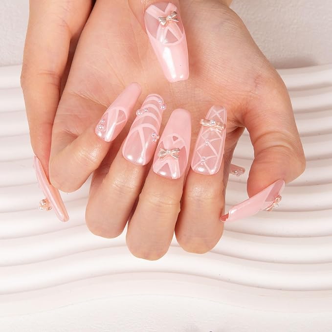 LOVFUL Press on Nails Tiptoe Ballet | Handmade with Full Covered Crystals | Reusable Full Cover Nails | Coffin Classic Regular 1.3 in | H291-S