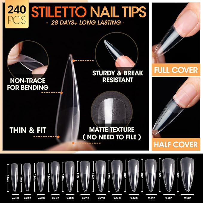 Gellen Gel Nail Kit Stiletto Nail Extension Kit 240pcs Long Almond 12 Sizes Acrylic Nail Tips Kit with Everything Nail Glue Gel U V Nail Lamp for Women Salon Nail Art