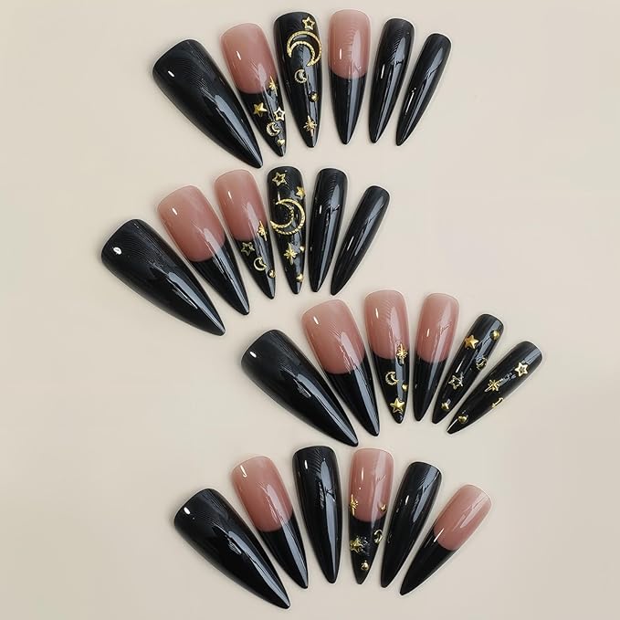 xl French Tip Press on Nails Long Stiletto Shape False Nails Press Ons Gold Moon&Stars Design Fake Nails Black Stick on Nail Full Cover Acrylic Artificial Nail Gift for Womens 24pcs