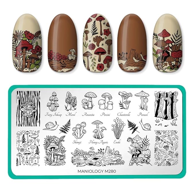 Maniology Forest Wonders Nail Stamping Plate Set, Mushrooms Frogs Manicure, Rainforest Woods Animal Nail Art (Magic Mushrooms (M280), Hop To It (M303))