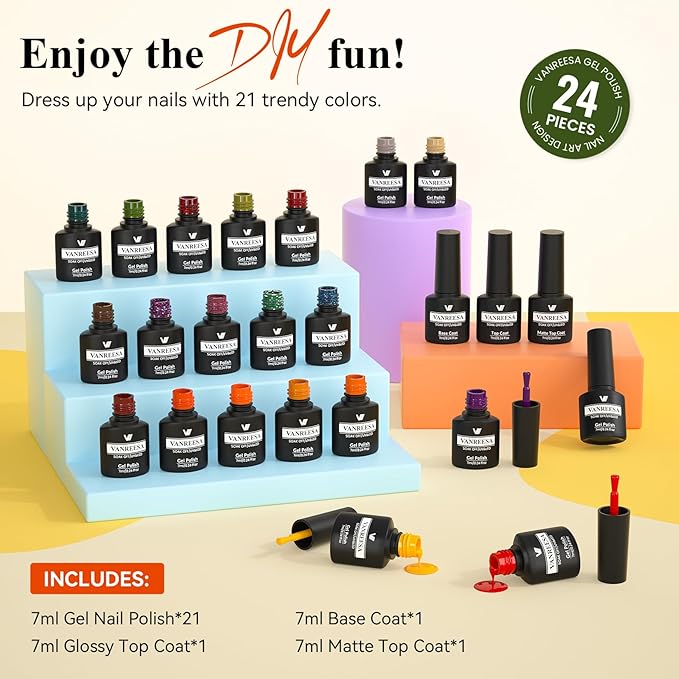 VANREESA 24 Pcs Fall Gel Nail Polish Set, 21 Colors Gel Polish with Base Coat Glossy & Matte Top Coat Orange Red Purple Green Brown Gel Polish Kit Nail Kit Gifts for Women