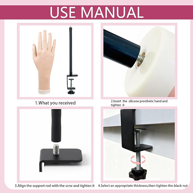 Nail Practice Hand, Practice Hand for Acrylic Nails - Flexible Right Hand Kit | 140 Tips, Glue, 6 Brushes, Clamp Stand | Manicure Training Tools for Beginners & Pros