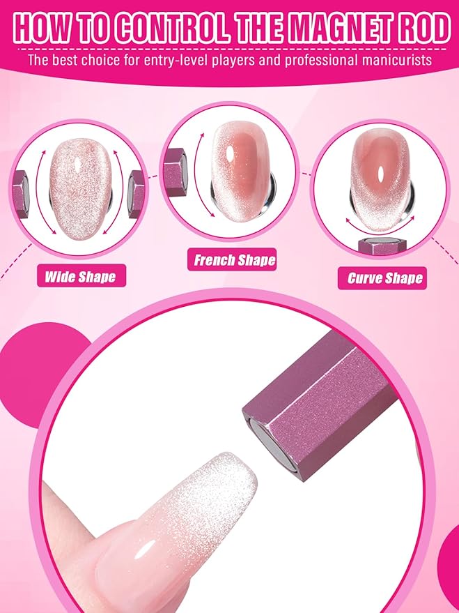 TOROKOM 5-in-1 Cat Eye Magnetic Nail Art Tool, Double-Ended Hexagon, Pink