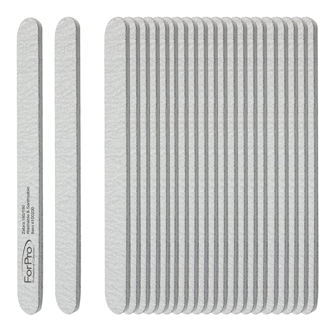 ForPro Professional Collection Zebra Foam Board, 180/180 Grit, Double-Sided Manicure Nail File, 7” L x .75” W, 50-Count