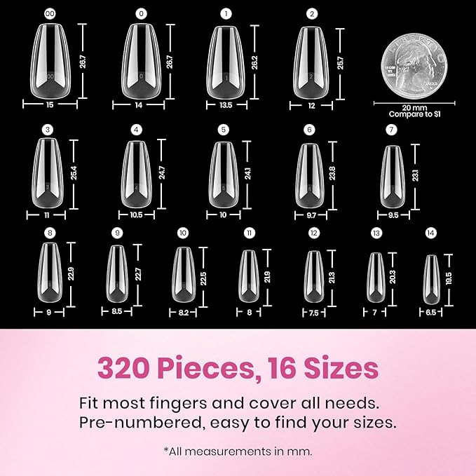 Beetles Gel Nail Tips Flat-X - Coffin Medium, 320pcs 16 Sizes, Pre-Etched Half Matte Full Cover Soft Acrylic Press on False Nail Extension Tips Easy DIY Salon Art for Flat & Natural Nail Beds