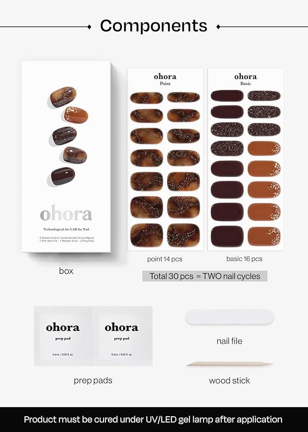 ohora Semi Cured Gel Nail Strips (N Cinnamon Glaze) - Works with Any Lamps, Salon-Quality, Long Lasting, Easy to Apply & Remove - Includes 2 Prep Pads, Nail File & Wooden Stick