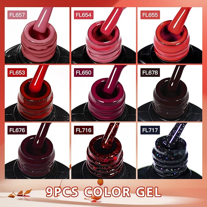 Red Series Gel Nail Polish Set 9 Colors Dark Burgundy Wine Red Colors Bloody Mary Collection Popular Shimmer Glitter Nail Gel Nail Art Design Manicure DIY Salon and Home