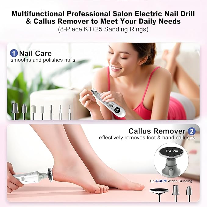 2-in-1 Professional Cordless Electric Nail Drill File&Callus Remover for Feet Hand Care-Wider Grinder for Dead Skin,Thick Nails,Acrylic Gel Nails,15 Speed,LED Display for Women Men Seniors Home Salon