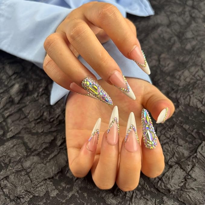 French Tip Press On Nails Long Stiletto,10 Pcs Handmade Acrylic Fake Nails Press Ons Salon Design Stick On Nails,Luxury UV Gel Glue On False Nails with 3D Rhinestone (Middle Size)