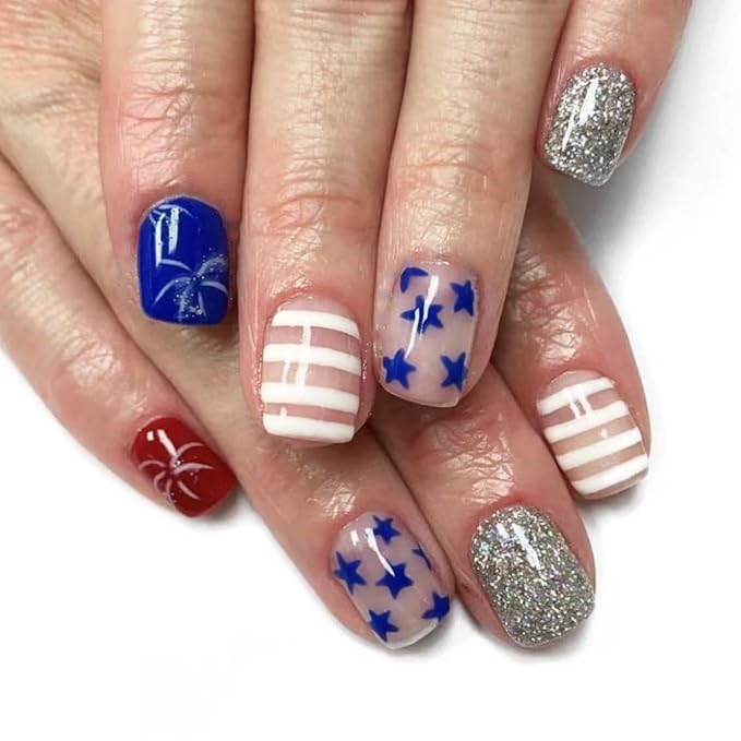 Independence Day Press on Nails Short Square Fake Nails with Star Designs Red Blue Fairworks False Nails Glitter Stick on Nail Striped 4th of July Acrylic Nail for Women Girls Manicure 24Pcs