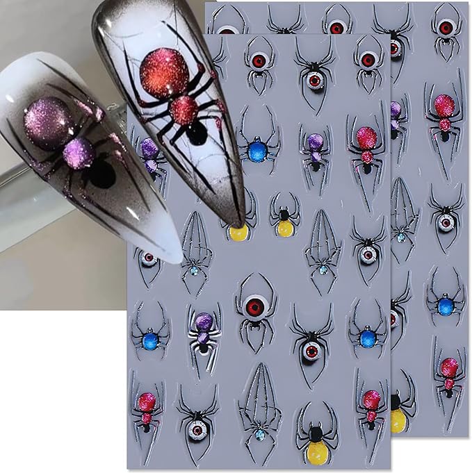 Halloween Spider Nail Stickers, Embossed Horror Eyeball 5D Self-Adhesive Nail Art Decals for DIY Colorful Spider Manicure (2 Sheets)