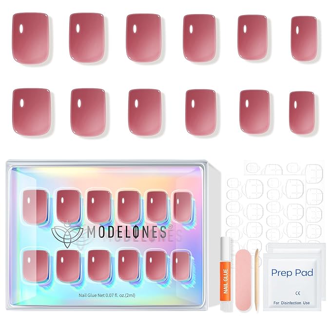 Modelones Rose Red Press on Nails, Spring Short Square Fake Nails, Semi-Transparent Reusable Nail Kit with Nail Glue Adhesive Tabs Mini Nail File, Nails Press Ons 32Pcs16 Sizes, Women Girl Gift