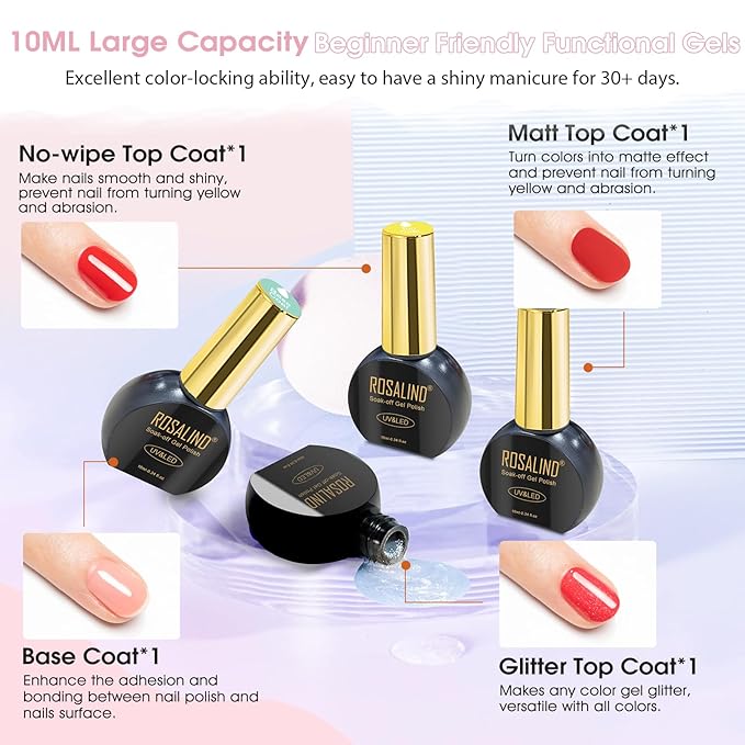 ROSALIND 25pcs bright Gel Nail Polish Set 21 colors Pastel Pinks Neon Rainbow gel polish with 10mL 4pcs Base & Top Coat， Soak Off U v DIY Salon Nail Gel Gift for Women