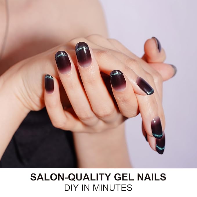 DANNI & TONI Gel Nail Strip Black Cat Eye Semi Cured Nail Stickers (Onyx Glimmer) UV Gel Nail Wraps 28 Stickers