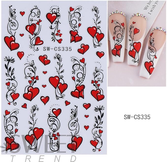 Valentines Day Nail Stickers Red Hearts Nail Decals Cute Yellow Love Nail Designs Multi Kawaii Bow Lace French Tips Nails Supplies Spring Holiday Nails Art Supplies for Women DIY Manicure 4 Sheet