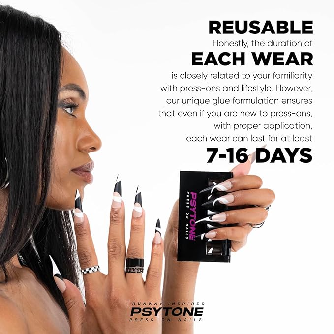 PSYTONE Black French Fake Nails Long Press on Nails Coffin Acrylic Geometry False Nails Full Cover Nails for Women and Girls 15 Size 30PCS