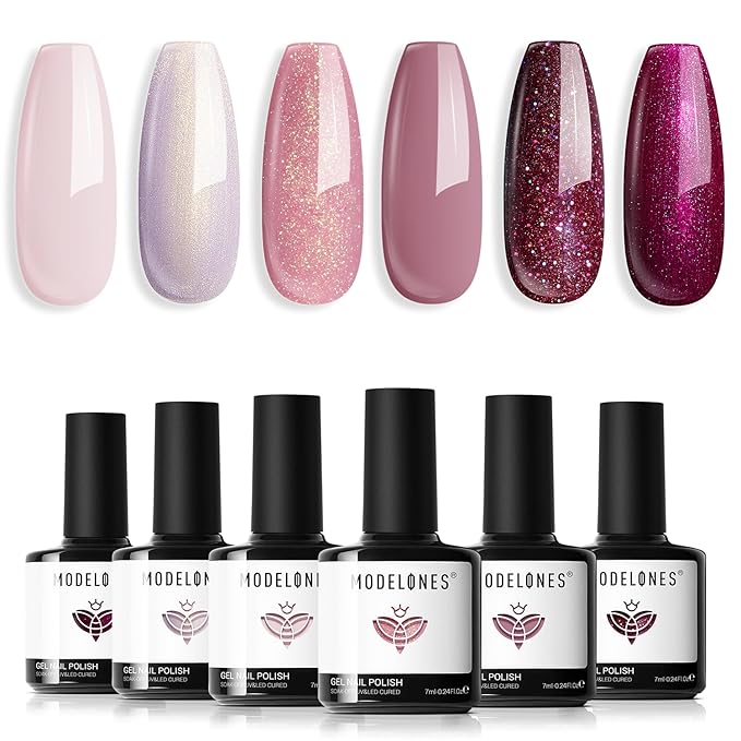modelones Gel Nail Polish Set, 6 colors 2026 Neutral Nude Pink Gel Polish Pearl White Burgundy Red Shimmer Peach Pink Galaxy Grape Purple Glitter Nail Polish DIY Nail Art Manicure Gift