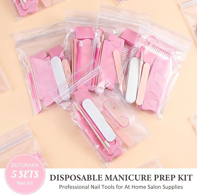 5 Sets Manicure Prep Kit for Travel Home, Portable Basics 7 in 1 Nail Salon Pedicure Tools, Sponge Toe Finger Separators, Nail File, Cuticle Pusher, Wood Stick & Handle Grip Brush