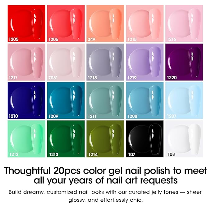 GELLEN 24pcs Gel Polish Set, 20 Colors UV Gel Nail Polish Red Blue Green Hema TMPTA TPO 3-free with Base Coat and Glossy Matte Cateye Top Coat, All Seasons NailGel for Christmas Gift Women Girls
