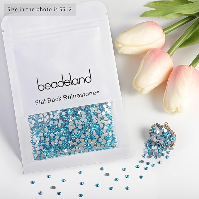 Beadsland Flat Back Crystal Rhinestones Round Gems for Nail Art and Craft Glue Fix, Aquamarine AB, 3.0-3.2mm, SS12/1440pcs