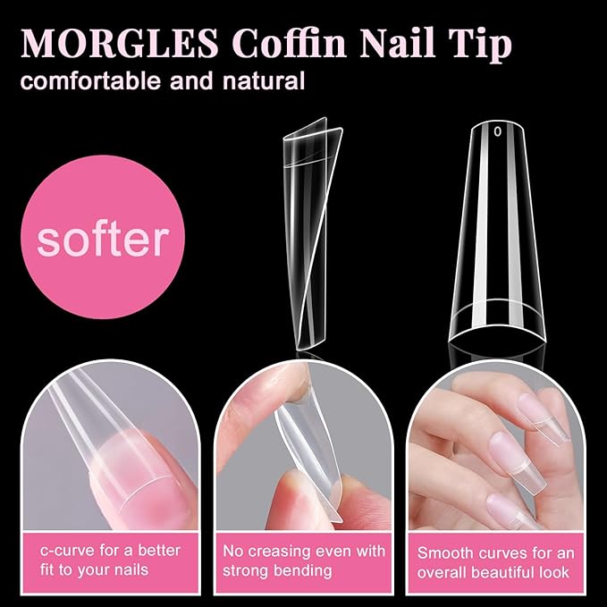 MORGLES Half Cover Coffin Nail Tips Set, 500 Pcs Clear Acrylic Nail Tips, with Glue, Clipper, Files, Cuticle Pusher and Fork for Salons and Home DIY with Box