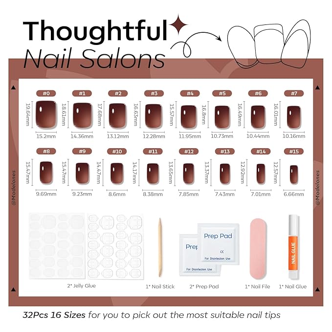 Modelones Brown Press on Nails, Short Square Fake Nails, Semi-Transparent Reusable Nail Kit with Nail Glue Adhesive Tabs Mini Nail File, Nails Press Ons 32Pcs16 Sizes, Women Girl Gift