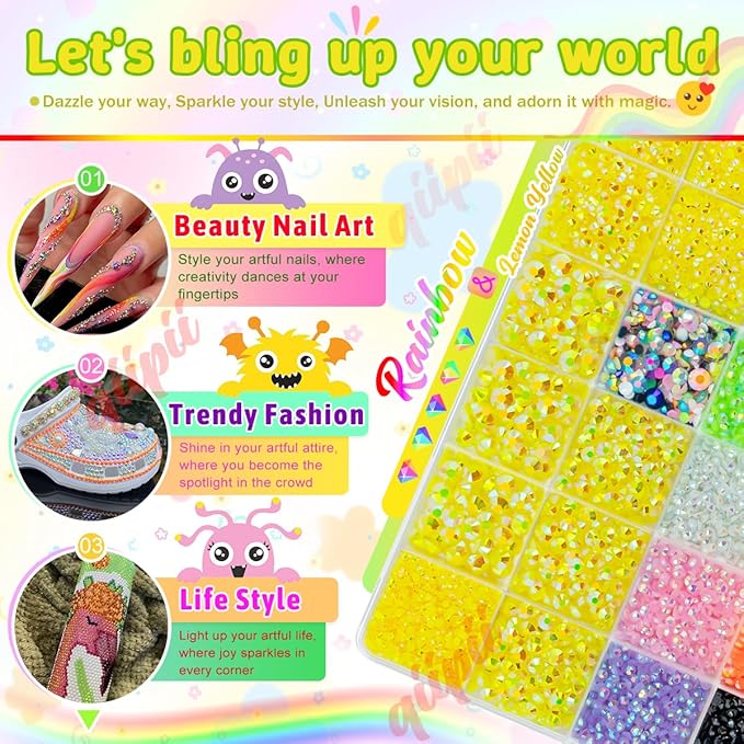 Lemon Yellow AB Resin Rhinestones w B7000 Glue for Crafting Bedazzling 2mm-6mm Flatback Colorful Jelly Stones Diamonds Gems Bedazzler Kit for Nails Face Eyes Makeup Tumblers Bottles DIY Crafts