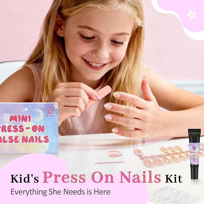 16 Sizes 128 Pieces Press on Nails for Kids, 4 pack Kids Nail Kit Colorful Flower Almond Fake Nail Tips for Girls 8-12 Years Old with Jelly Nail Adhesives & Nail Glue Easter Gifts Birthday