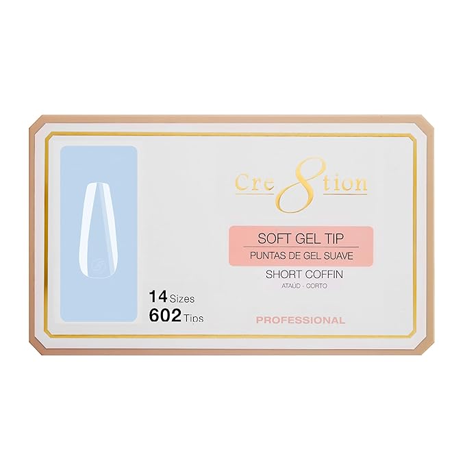 Cre8tion Soft Gel Nail Tips, Short Coffin Shape, 602 Tips in 14 Sizes (00-9) for Professional Nail Extensions