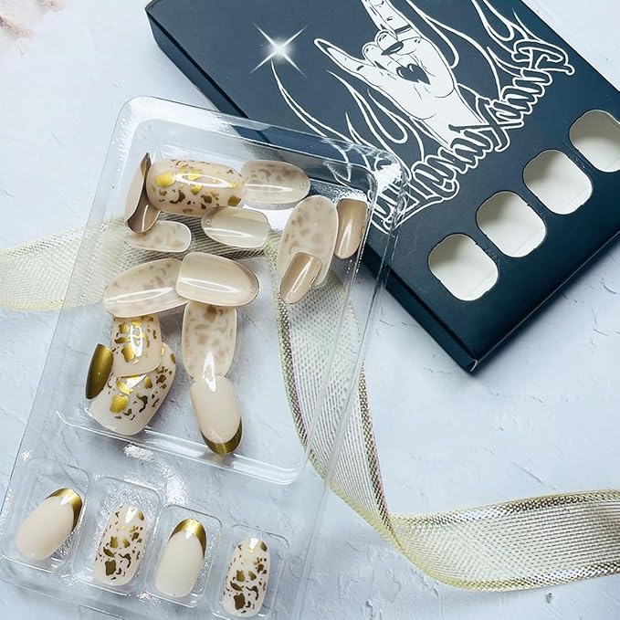 Gold French Tip Press on Nails Short Almond Fake Nails Glitter Foils Designs Glossy Glue on Nails Almond Shape Full Cover Nails Tips False Nails Reusable Artificial Acrylic Nails for Women Girls 24Pcs