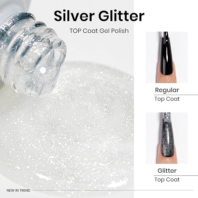 MIZHSE Silver Glitter Gel Polish, Silver Iridescent Gel Polish Glitter 2-in-1 Sparkly Long Lasting Soak Off, for Nail Art Home DIY 12mL