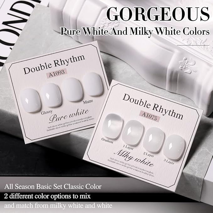 Double Rhythm 2 Pcs 15ml UV Gel Polish Set Pure White And Black Color Gel Nail Polish Kit Nail Art Salon DIY (White and Milky White-A1075+A1093)
