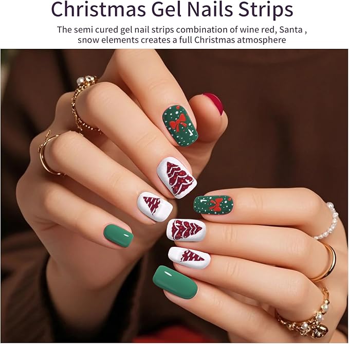Semi Cured Gel Nail Strips, 28Pcs Christmas Nail Stickers/Wraps, Long Lasting UV Nail Polish Strips for Adults(Snowman Christmas Tree)