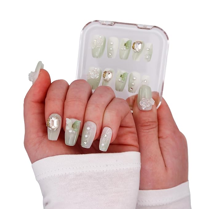 3D Handmade Press On Nails, Medium Coffin Shaped w/Rhinestones & Green Butterfly Charms, Acrylic, Gel, Reusable Kit, For Women Daily Wear or Special Occasion (Botanical Butterfly)