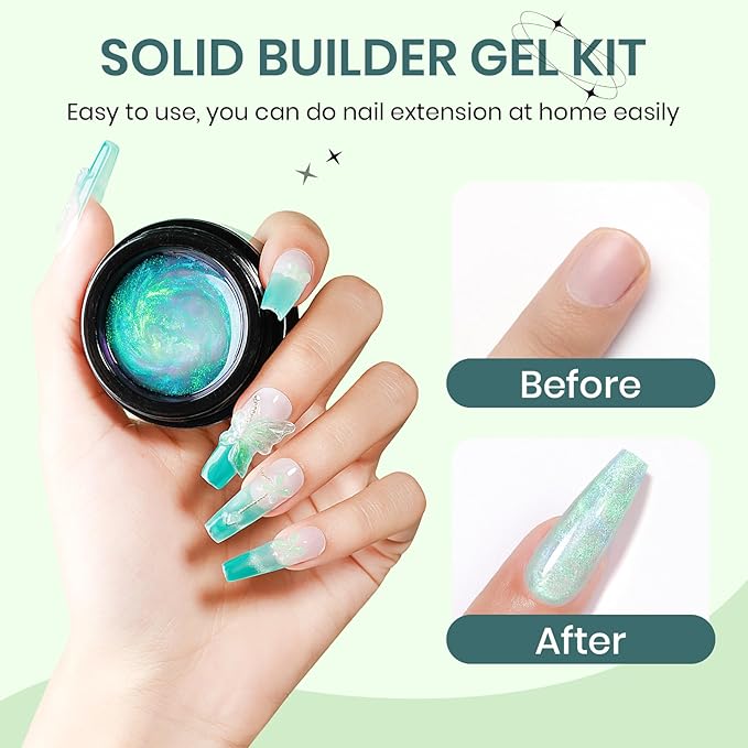 Solid Builder Gel for Nails Clear and Aurora Green 3D Nail Gel Art Non-Stick Hand Sculpture Hard Gel with Dual Form for 3D Modeling Nail Art Home Manicure DIY for Women