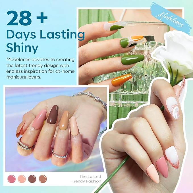 modelones 40 Pcs Gel Nail Polish Set, 36 Colors Nude Brown Green Red Gel Polish White Maroon Orange Blue Glitter Nail Polish with Base & Matte/Glossy/Glitter Top Coat LED Mani Gift
