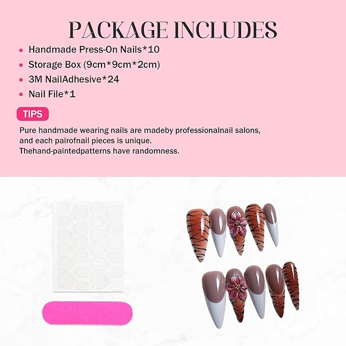 White French Tip Fake Nails Long Almond Handmade Press on Nails Leopard Full Cover False Nails with 3D Flower Designs 10Pcs Acrylic Nails Press Ons Luxury Reusable Stick on Nail for Women (Size M)