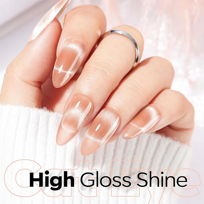 modelones Nude Cat Eye Gel Nail Polish Nude Gel Polish Jelly Glass with Magnet Holographic Glitter Shimmer Translucent Sheer Color Magnetic Nail Polish 15 ML