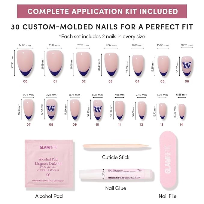 Glamnetic x Fanatics Press On Nails - Washington Huskies | Short Almond Fake Nails, Collegiate Huskies Purple French Tips, College Nails, Salon-Quality | 15 Sizes - 30 Nail Kit with Glue