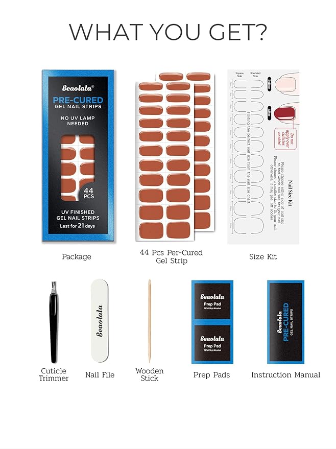 Pre Cured Gel Nail Strips - 44PCS Salon Quality Gel Nail Stickers - Long Lasting Polish Wraps for Women no UV Light Needed Easy Apply & Remove (Walnut Brown)