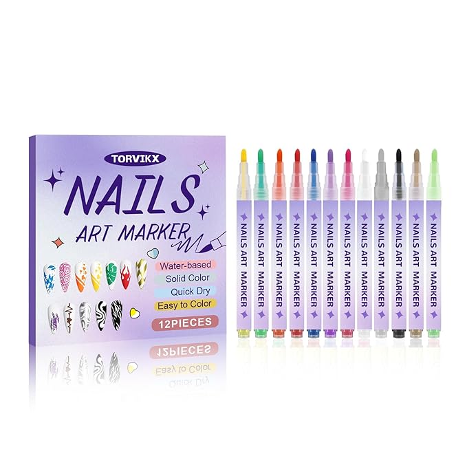 Nail Art Marker Set Water based Acrylic Paint Pens with Precision Tips DIY Nail Design Graffiti Dotting Quick Easy use Tools Beautiful Manicures Perfect for Ladies Thick Pen Tip Girls 12 Color