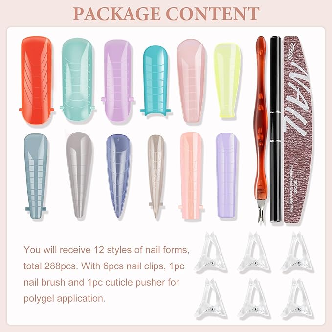288Pcs Polygel Nail Form Kit 12 Color 12 Sizes Reusable Nail Extension Mold Dual Forms with 6Pcs Nail Clips, Dual-Head Brush Pen, Nail File & Cuticle Pusher for Beginners