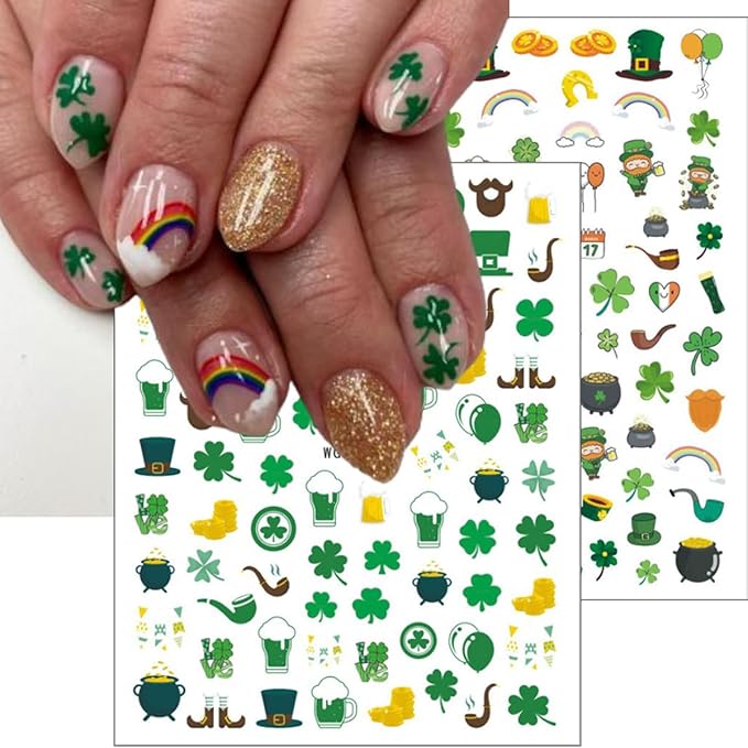 6Pcs St. Patrick's Day Nail Art Stickers 3D Self Adhesive Spring Four Leaf Clover Nail Decals Lucky Shamrock Nail Stickers St. Patrick's Day Hat Letter Design Irish Nail Supplies Accessories for Women