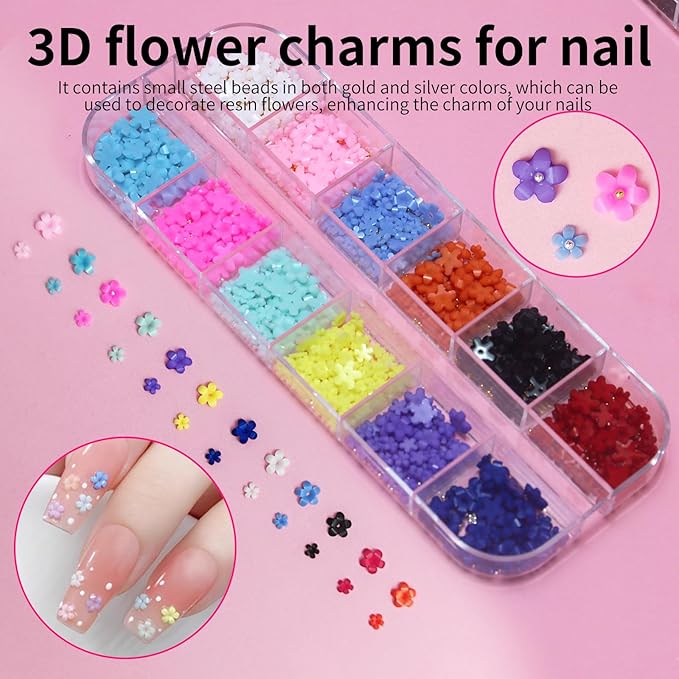 Nail Charms Kit with 30 Sheets Flower Nail Stickers,Colorful Heart Flower Bow 3d Nail Rhinestones And Gems,Nail Pearls Jewels,Tweezer and Wax Pen Art Tools for DIY Design (White And MixColors)