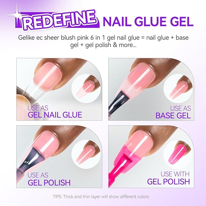 Gelike EC Gel Nail Glue UV Light: Sheer Blush Pink 6 in 1 Adhesive Gel Nail Polish, Strong Nail Glue for Press On Nails Nails Acrylic Tips, Long Last - Nail Art Gift for Home Salon Beginner DIY